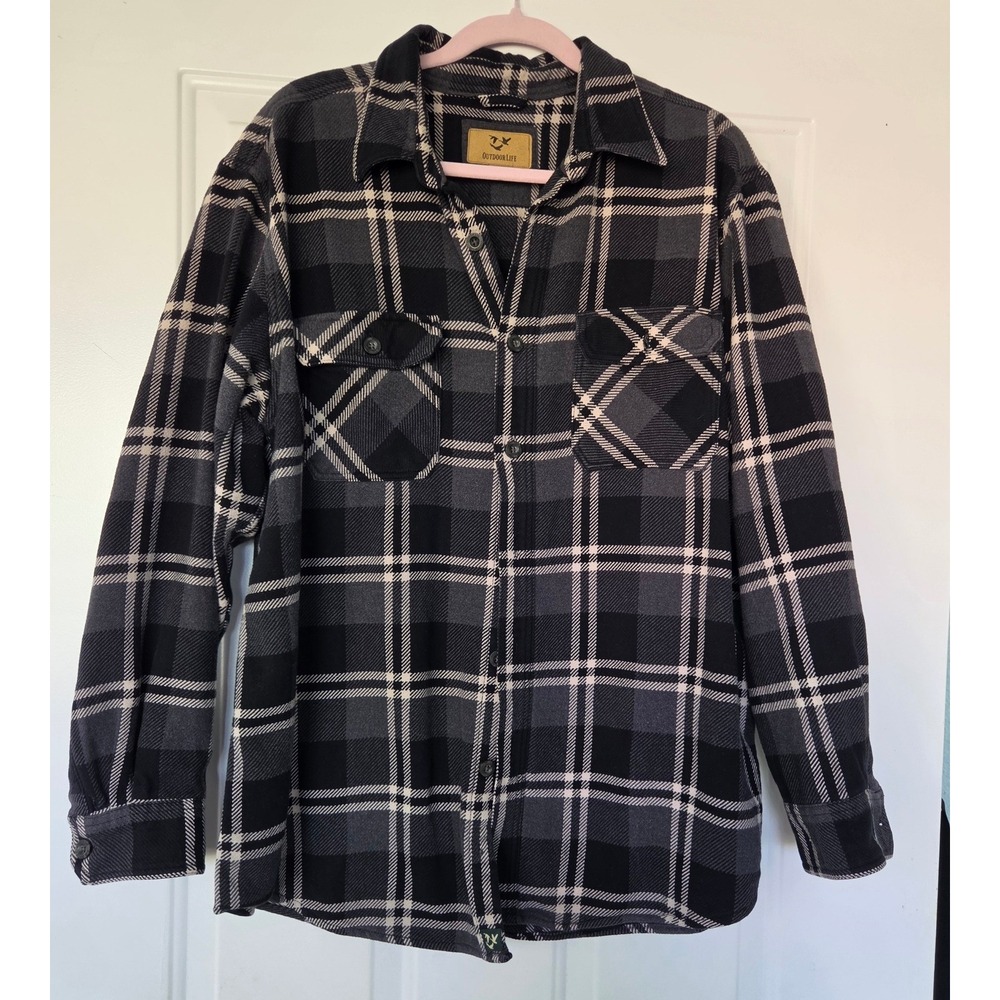 Outdoor Life Mens XL Black Grey Plaid Flannel Button Down Shirt Long Sleeve